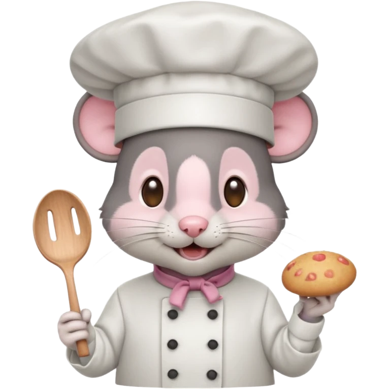 dark gray mouse with large round ears, brown eyes, and a small pink nose, wearing a white chef’s hat and has a friendly, slightly open-mouthed expression emoji