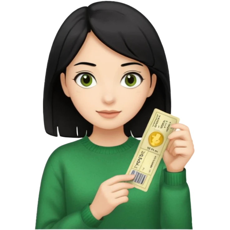 A girl with a single tuft of black hair, brown eyes, a green sweater, and theater tickets in her hands emoji