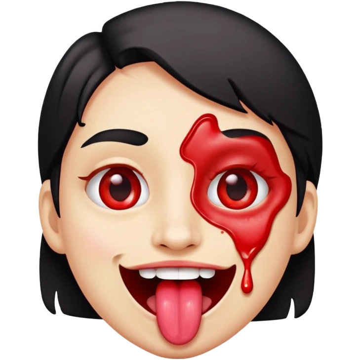 Spilt glue on their face but is happy and smiling with their tongue out but their eyes are red emoji