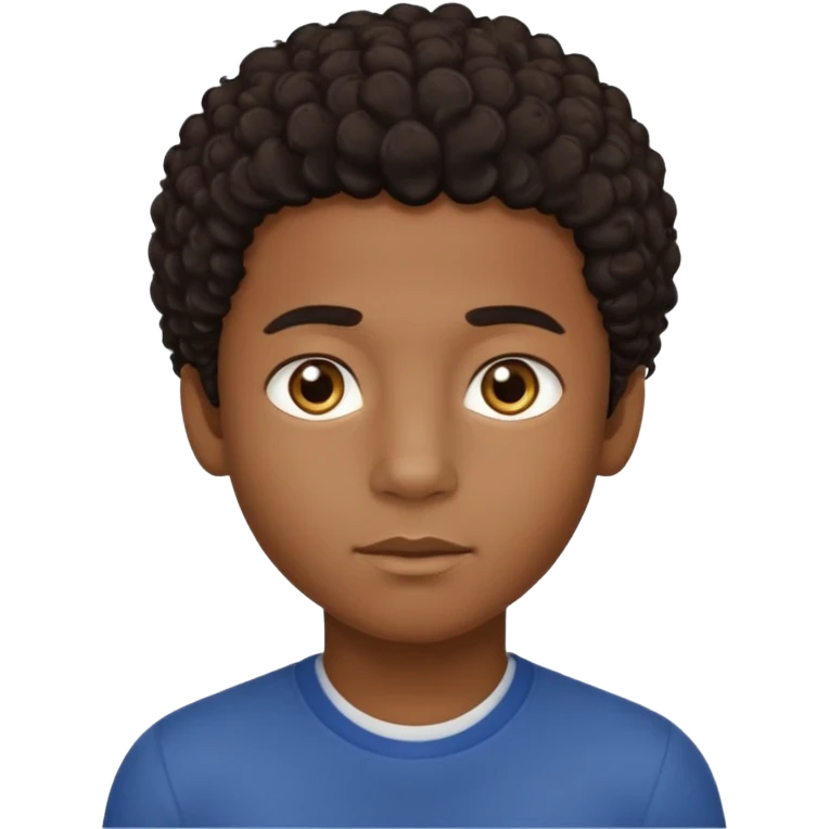 This avatar of black boy has lightly curly dark hair styled upward, a rounded face with golden-brown eyes, and a neutral expression emoji