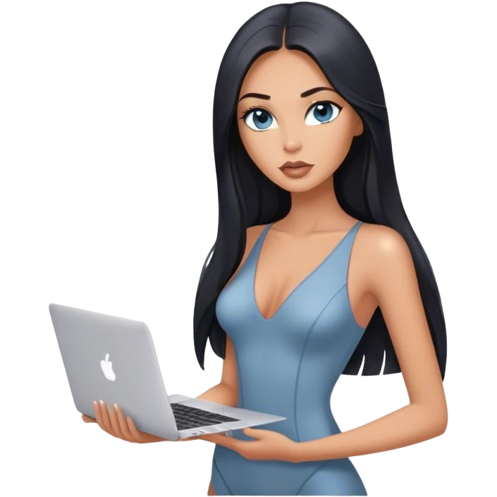 Glamours tanned very beautiful girl with pump nude lips and black straight smooth long hair, blue-grey eyes in bodysuit with one MacBook. emoji