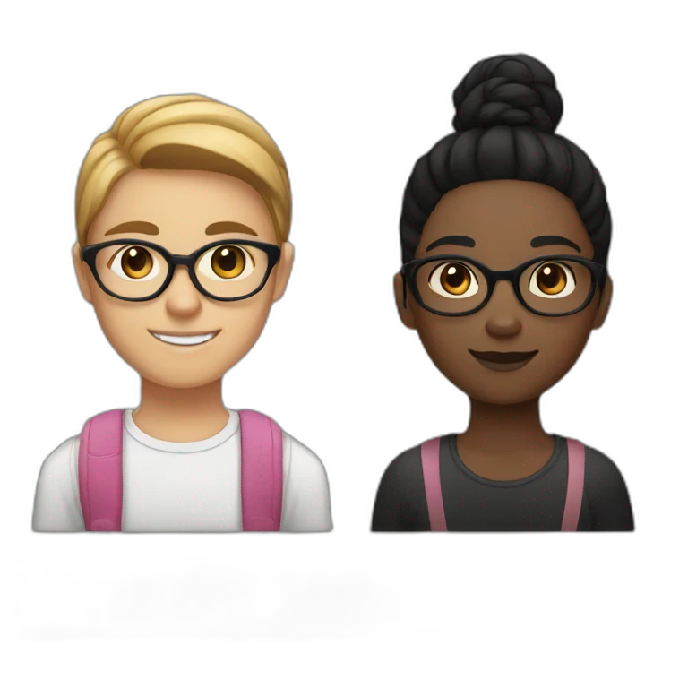  A girl, a boy, and a cat. The girl is white, with black straight hair and wears glasses. The boy is dark-skinned with a bun. The cat is black and white with a black spot on its mustache emoji