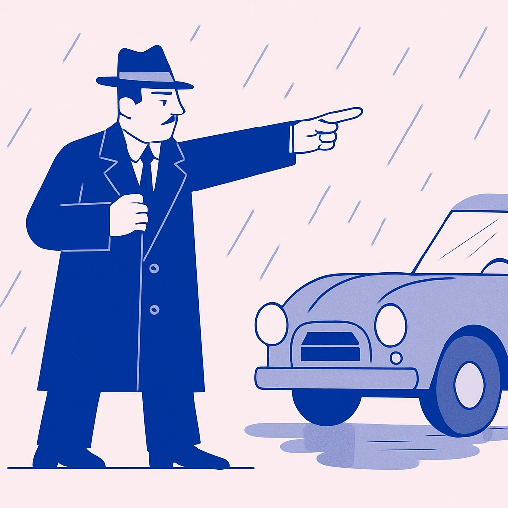 Italian gangster in long suit guiding a car in the rain emoji