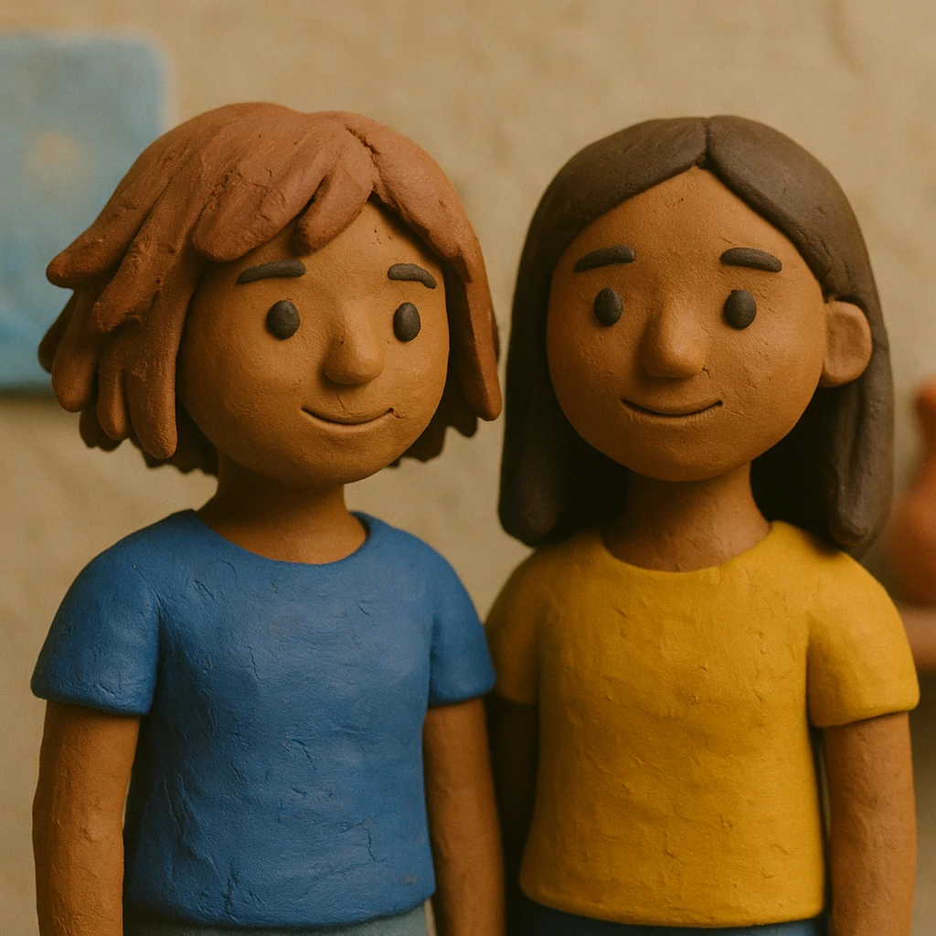 dos chicas, una con pelo corto desmechado en capas hasta la barbilla, castaña, piel morena; la otra con pelo lacio hasta el hombro, castaña, piel morena, estilo claymation emoji