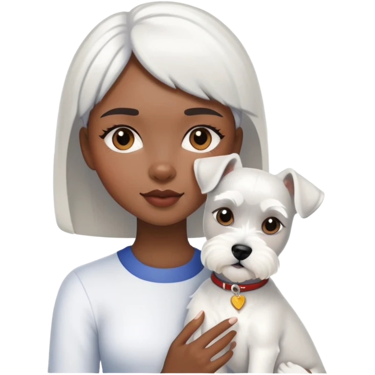 Black girl with short bangs holding a white schnauzer dog emoji