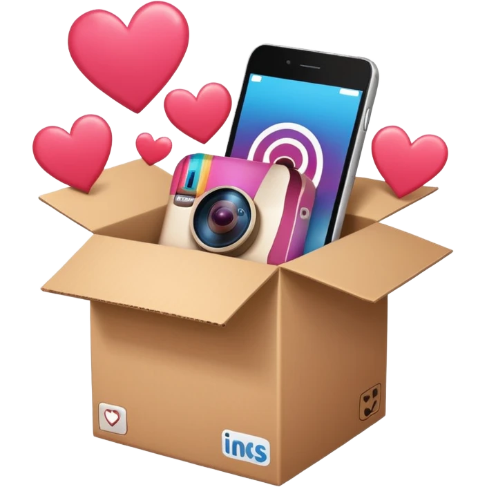 a box with an instagram logo on its face,  open with swipe files inside and hearts, likes  emoji