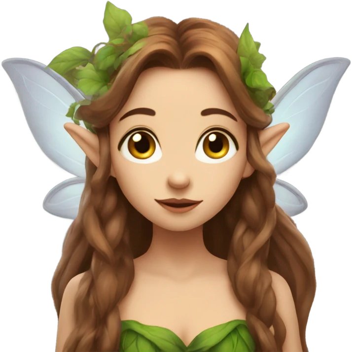 Female fairy, wings, long brown hair, pointy elf ears, vines, blowing kiss emoji
