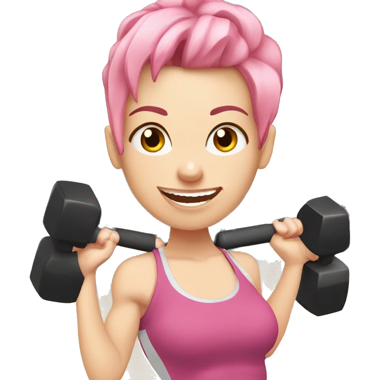 White Girl with dumbbells at gym and pink hair ( long)  emoji