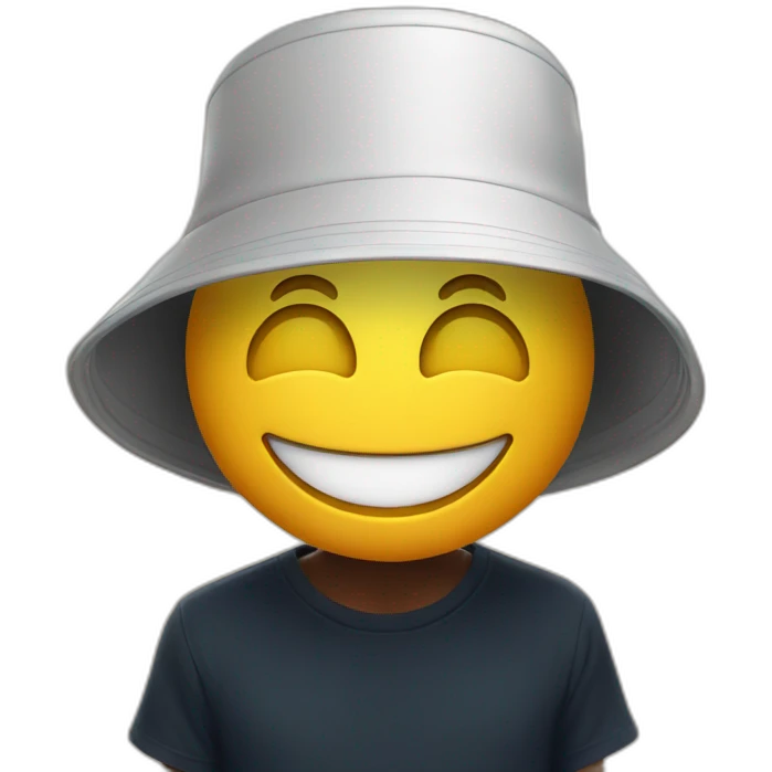 Bucket hat and a large smile floatting into the void emoji