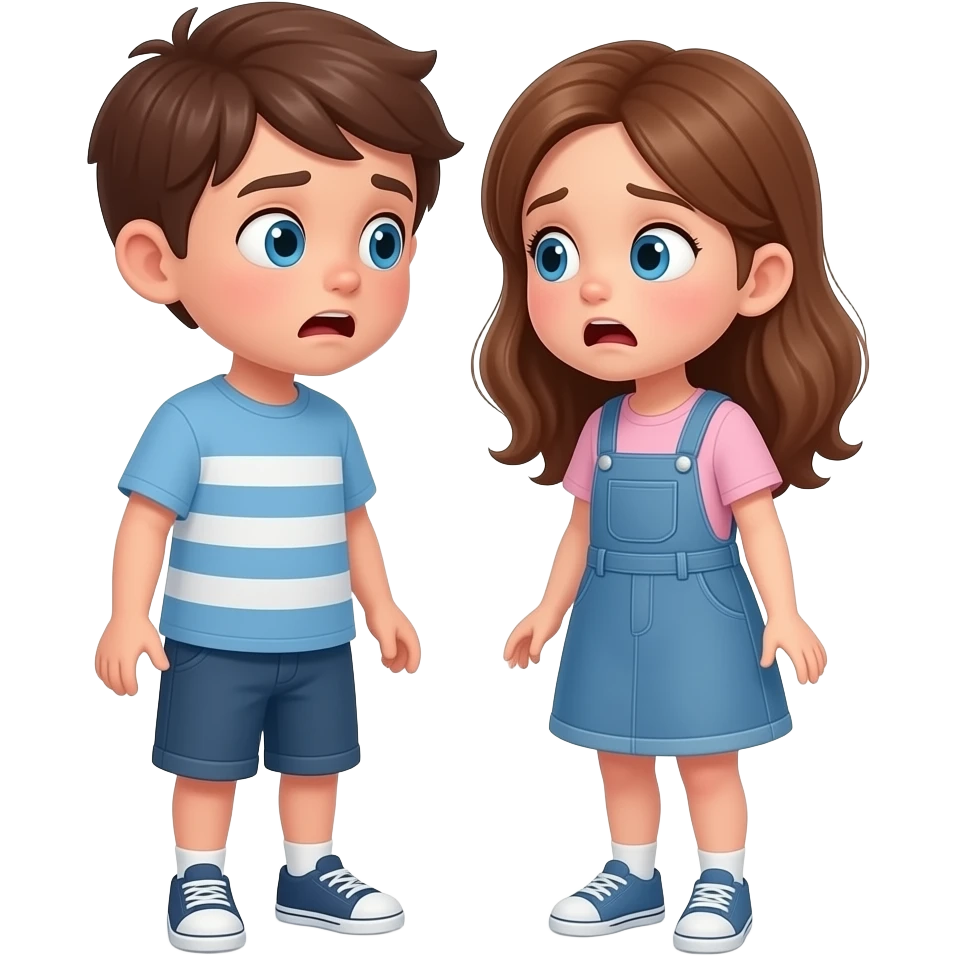 chico y chica son hermanos,se estan preguntando asustados donde estan, el chico castanyo i con pelo corto y la chica pelo suelto y color avellana y los dos tienen ojos azules son hermanos estan depie se les ve los pies emoji