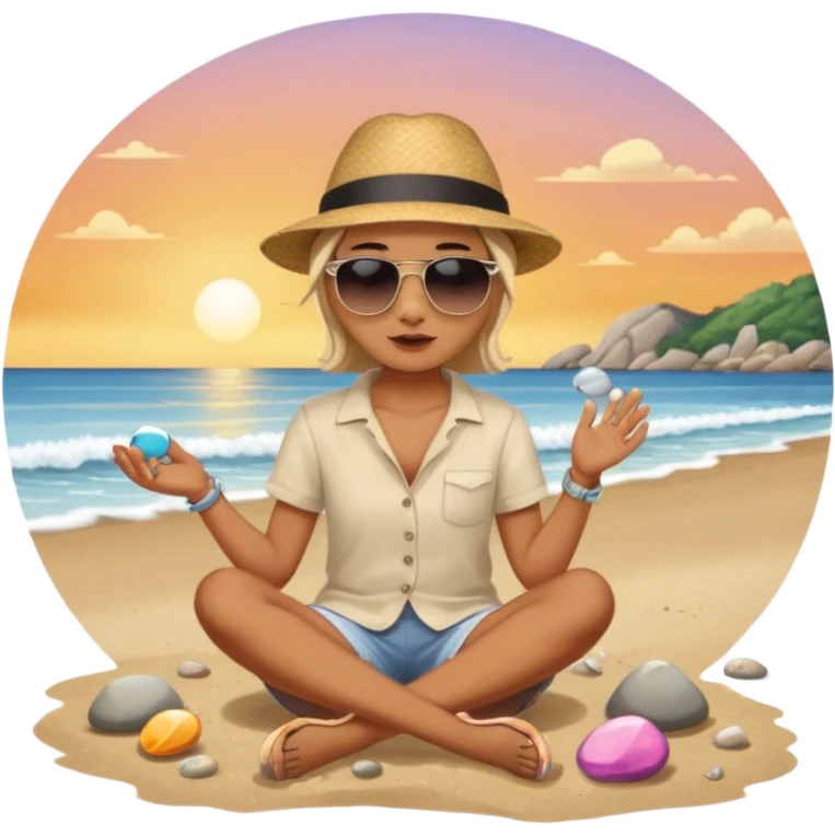 Someone sitting on the ground in the Beach close to the water and throws stone at the water and it's a sunset emoji