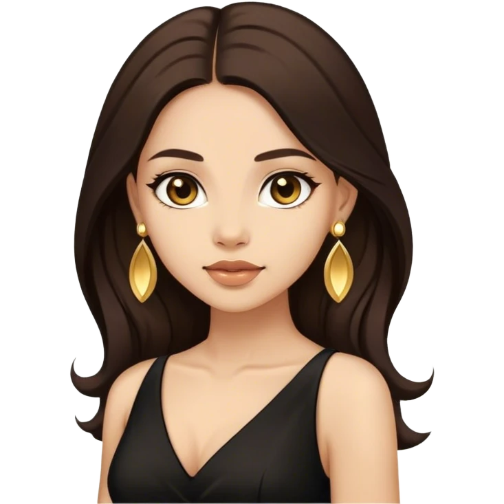 Beautiful woman,cute, long dark brown hair in dark dress with gold earrings emoji