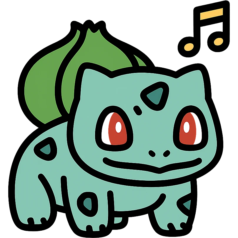 Bulbasaur Pokémon in flat style with soft rounded face, bold eyes, small bulb on back, floating music note, no 3D or gradients emoji