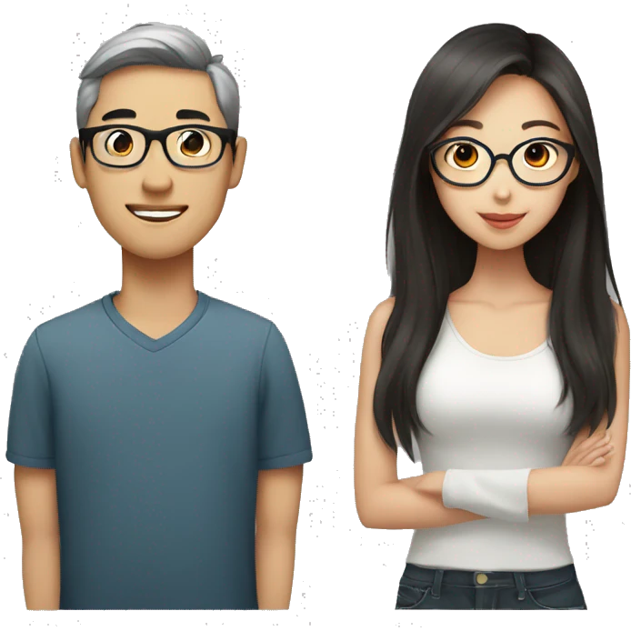 Asian boyfriend with glasses and Asian girlfriend with long hair without glasses emoji