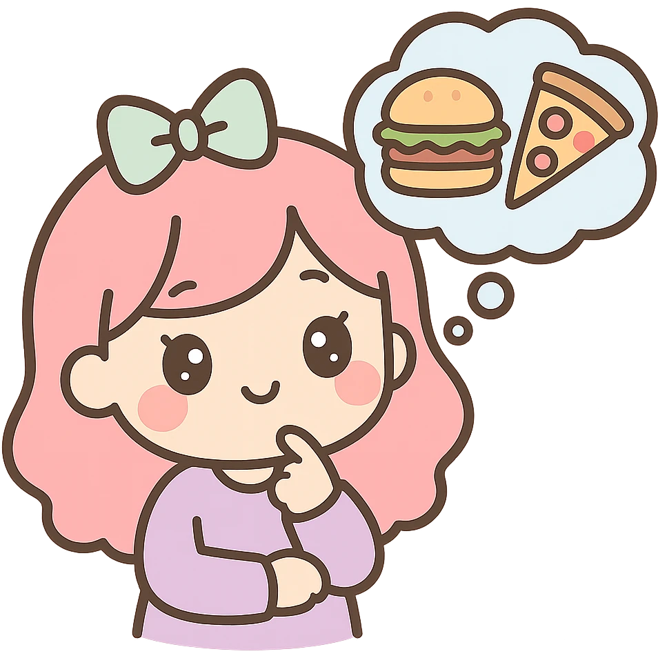 kawaii chibi anime style woman character, flat pastel colors, thick outlines, simple cute features, transparent background, thinking about choosing between a hamburger and a pizza, with a thought bubble showing both foods emoji