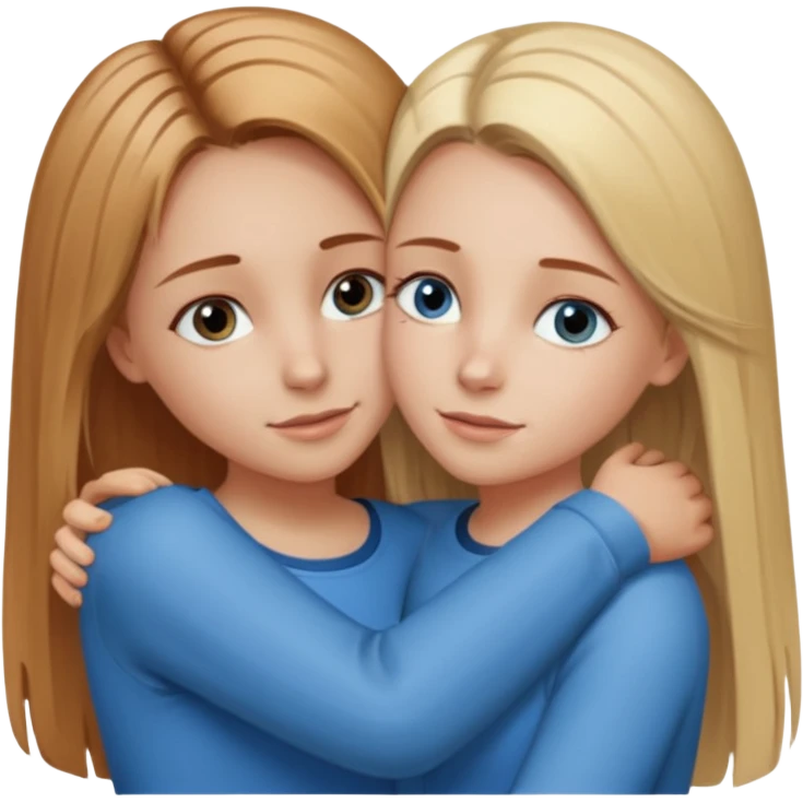 Two girls are hugging. One has dirty blonde hair with a little reddish in it. She has also grey eyes with a little hazel in it. Her hair is long and straight. The other girl is blonde and has really bright blue eyes emoji