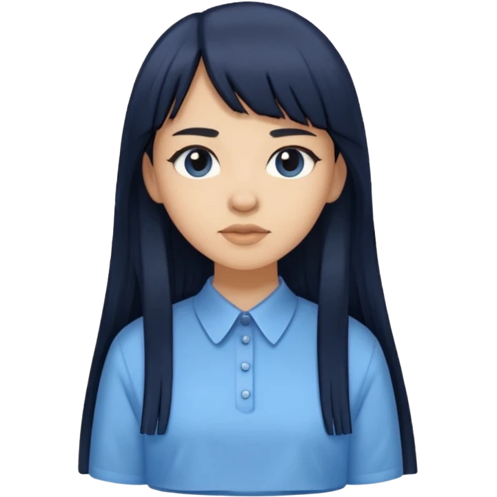 hair : black long hair with fringe 
skin : light 
cloth : oversize light blue shirt + navy long long skirt 
 emoji