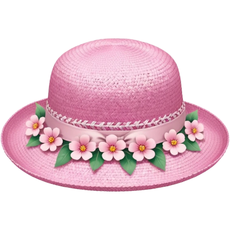 A pastel pink and white Sakura straw hat with Sakura flower emoji