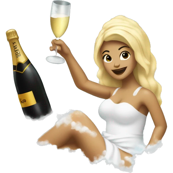 Girl with white towel wrapped around hair holdingl a champagne glass and bottle in black high heels kicking feet out in bubble bath  emoji