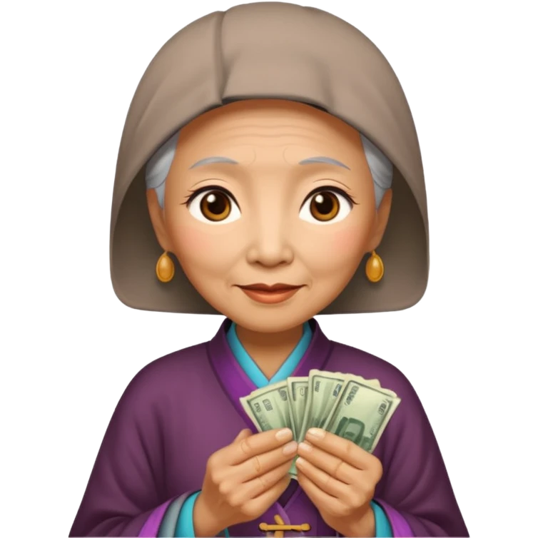 old chinese woman with Compassion - sympathetic concern for the sufferings of others, offering money emoji