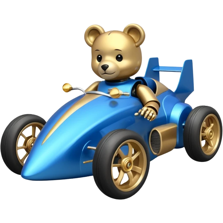  Metallic blue and gold-accented  kid-sized racing car for furry scary robot teddy bear with custom aero body and rear wing and motorcycle-sized wheels  emoji