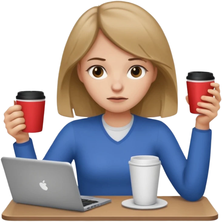 Девушка с темно русыми волосами у которой шесть рук в руках кофе ноутбук телефон папки тетради она очень уставшая  emoji