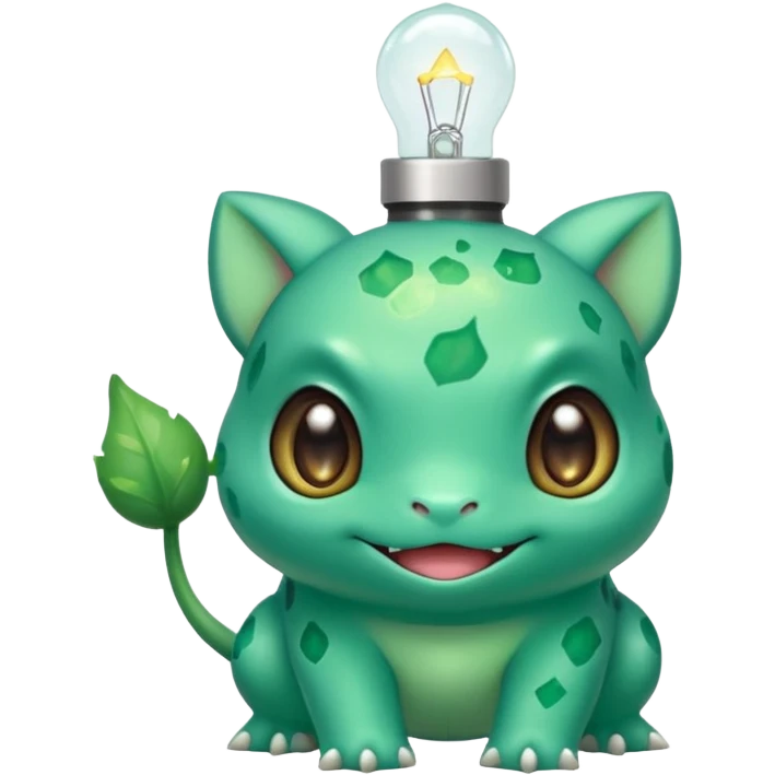 cute Bulbasaur Pokémon with sparkling eyes, small bulb on back, happy inviting expression, green and teal colors emoji