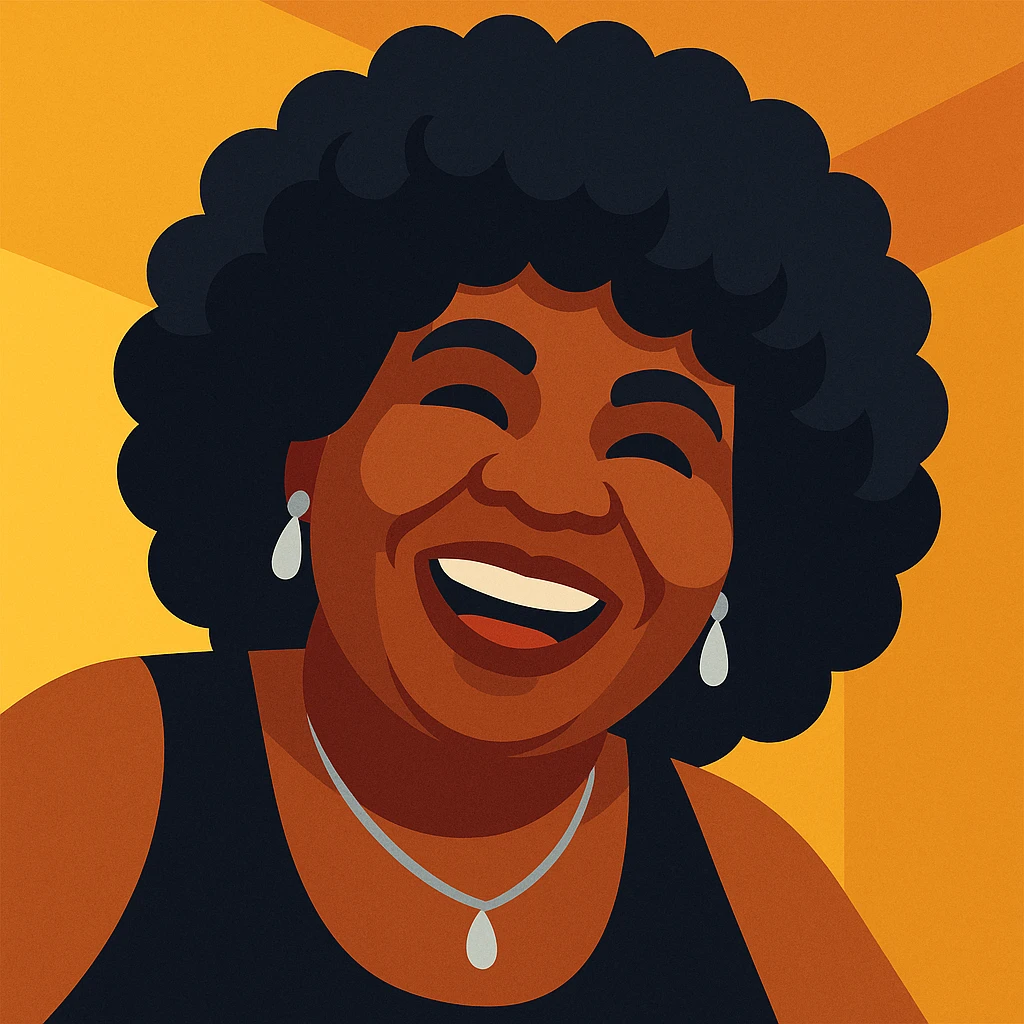 Create another emoji of this lady in a 1970s disco theme, using a color palette of black, silver, gold, and white. Show her in a different joyful 70s dance pose, with afro hairstyle and disco accessories, in a vibrant toon style. emoji