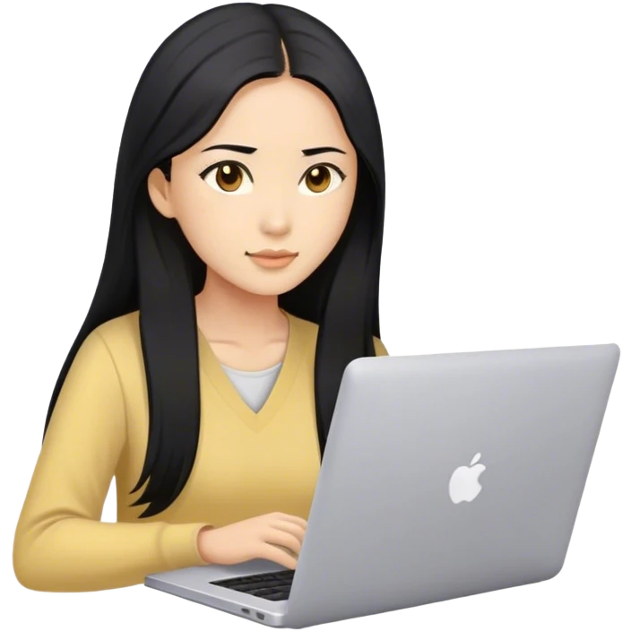 Long hair asian woman working on pale yellow laptop with brown eyes emoji