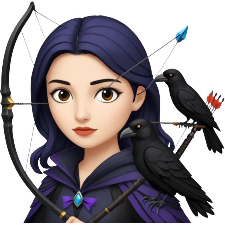 Alysanne Blackwood from Game of Thrones. She is known as black aly and is the Wife of Cregan Stark. I have her looking like Hande Erçel. Show her with a raven and a bow and arrow emoji