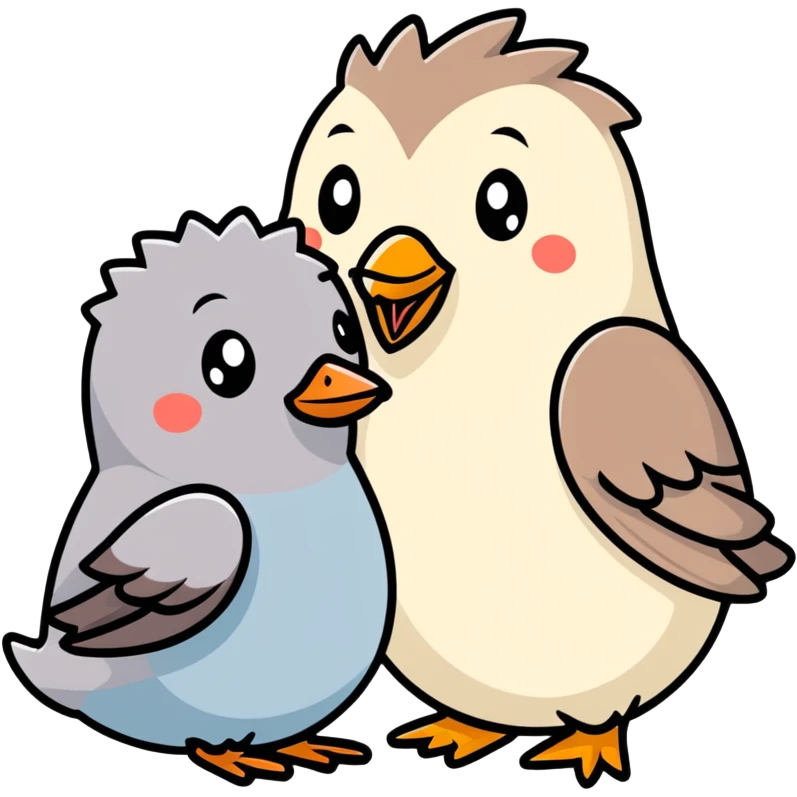 a pigeon and a hedgehog hugging, cartoonish sticker style emoji