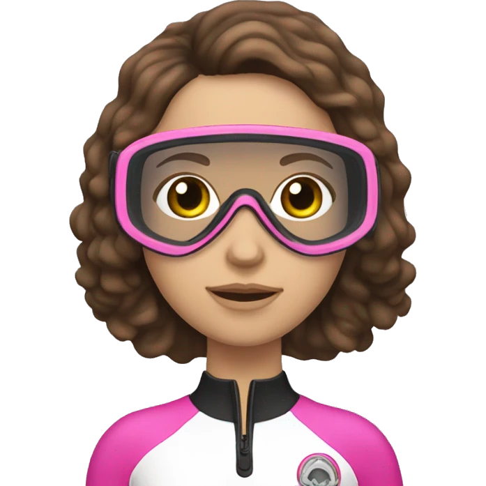 Woman Scuba diving underwater, the woman should have brown wavy hair, brown eyes, white skin tone and a pink mask / fins emoji