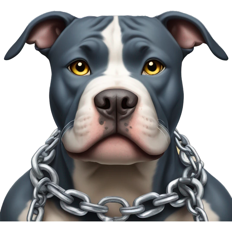 A Pit Bull with a defiant expression, piercing blue eyes, displays his muscular strength while wearing iron chains adorned with gold and silver spikes emoji