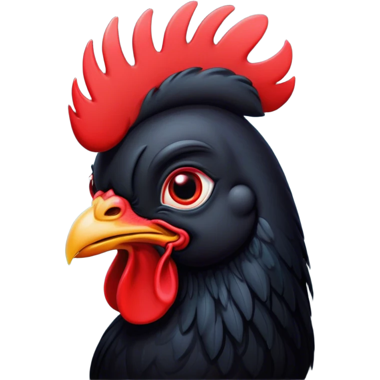 Cinematic Cute Black Rooster Portrait Emoji, Head tilted playfully and inquisitively, featuring a glossy, immaculate black plumage with a vibrant red comb, round, sparkling eyes filled with curiosity, Simplified yet irresistibly adorable features, highly detailed, glowing with a warm, friendly glow, high shine, affectionate and spirited, stylized with a touch of farmyard whimsy, bright and endearing, soft glowing outline, capturing the essence of a mischievous yet loving rooster, so playful it feels like it could strut out of the screen and into your arms! emoji