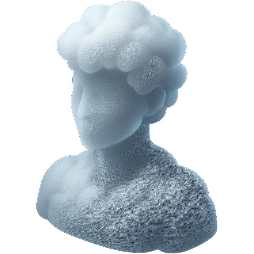 front view portrait of a person from shoulders up, composed of white fluffy clouds, matte glass style emoji