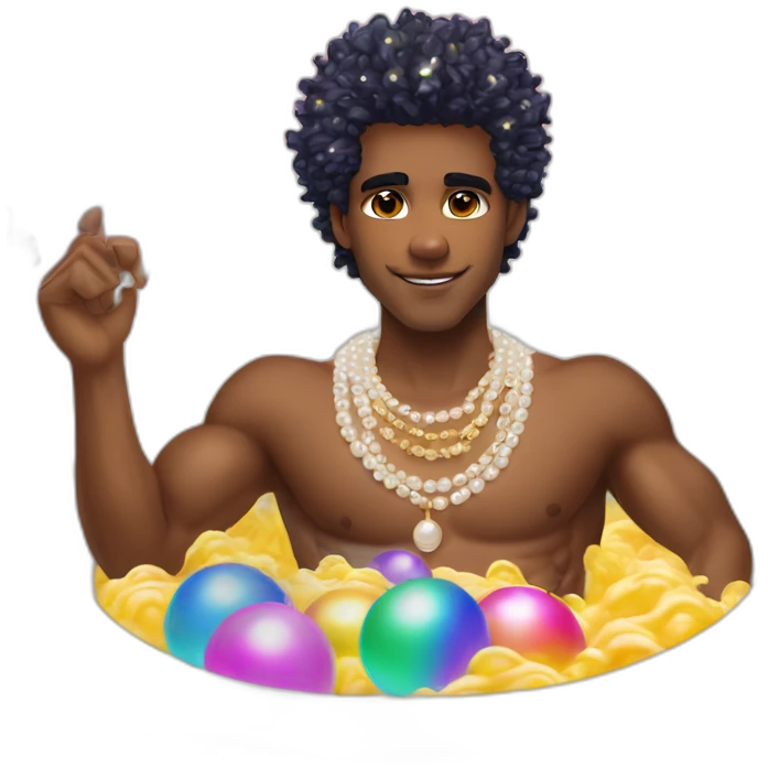 posh-muscle-boy-with-pearl-necklace-and-rainbow-unicorn-hair-in-golden-bathtub emoji
