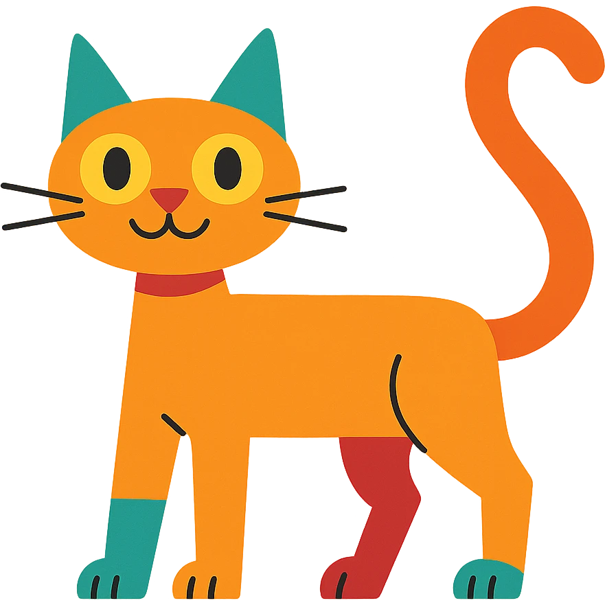 quirky cat with a long tail, standing, fun and whimsical style emoji