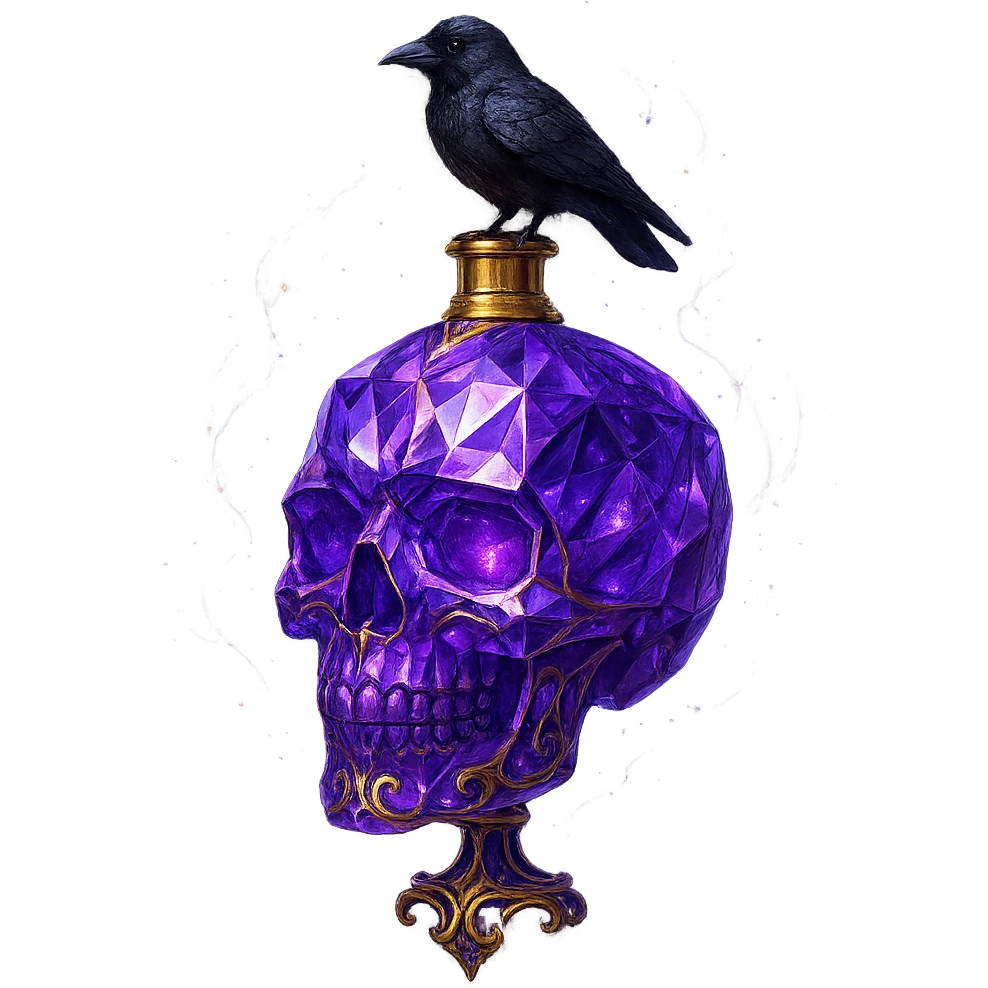 premium class crystal elixir bottle in the shape of a skull, violet, lots of glowing, facets, ornaments, golden details, magical effects, very small golden neck, transparent background, beautiful connected base, clearly floating in the air, no base or shadow, small crow sitting on top, very luxurious, matching the collection emoji