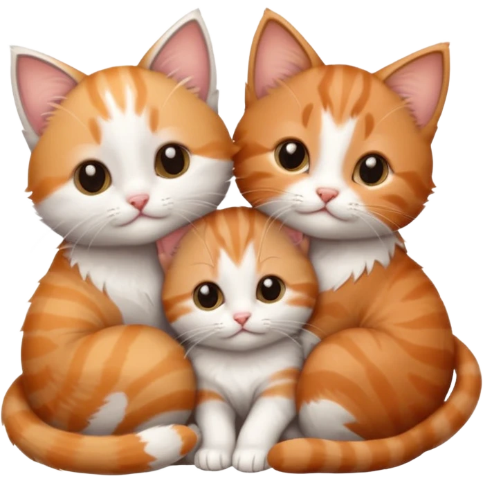 3 tiny kittens cuddling together all different colours, the first one is grey and white, the second is ginger and white and the third is brown tabby and white emoji