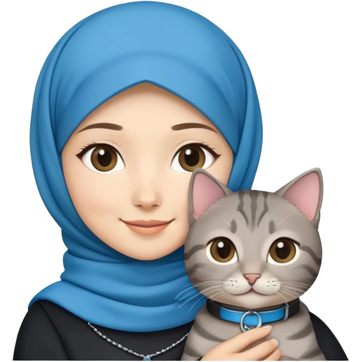 Asian White girl wearing hijab holding a black grey tabby cat while smiling. The cat is wearing a blue collar emoji