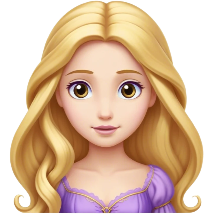 Cinematic Elegant Rapunzel Portrait Emoji, rendered in a realistic, vector-style with minimal shading and bold, simplified shapes. Depict Rapunzel (chest and above) with fair, porcelain skin, long, flowing golden hair cascading gracefully, and soft, gentle eyes, wearing her iconic light purple gown. The image glows with a soft, enchanting radiance and high shine, capturing timeless fairy-tale beauty. emoji