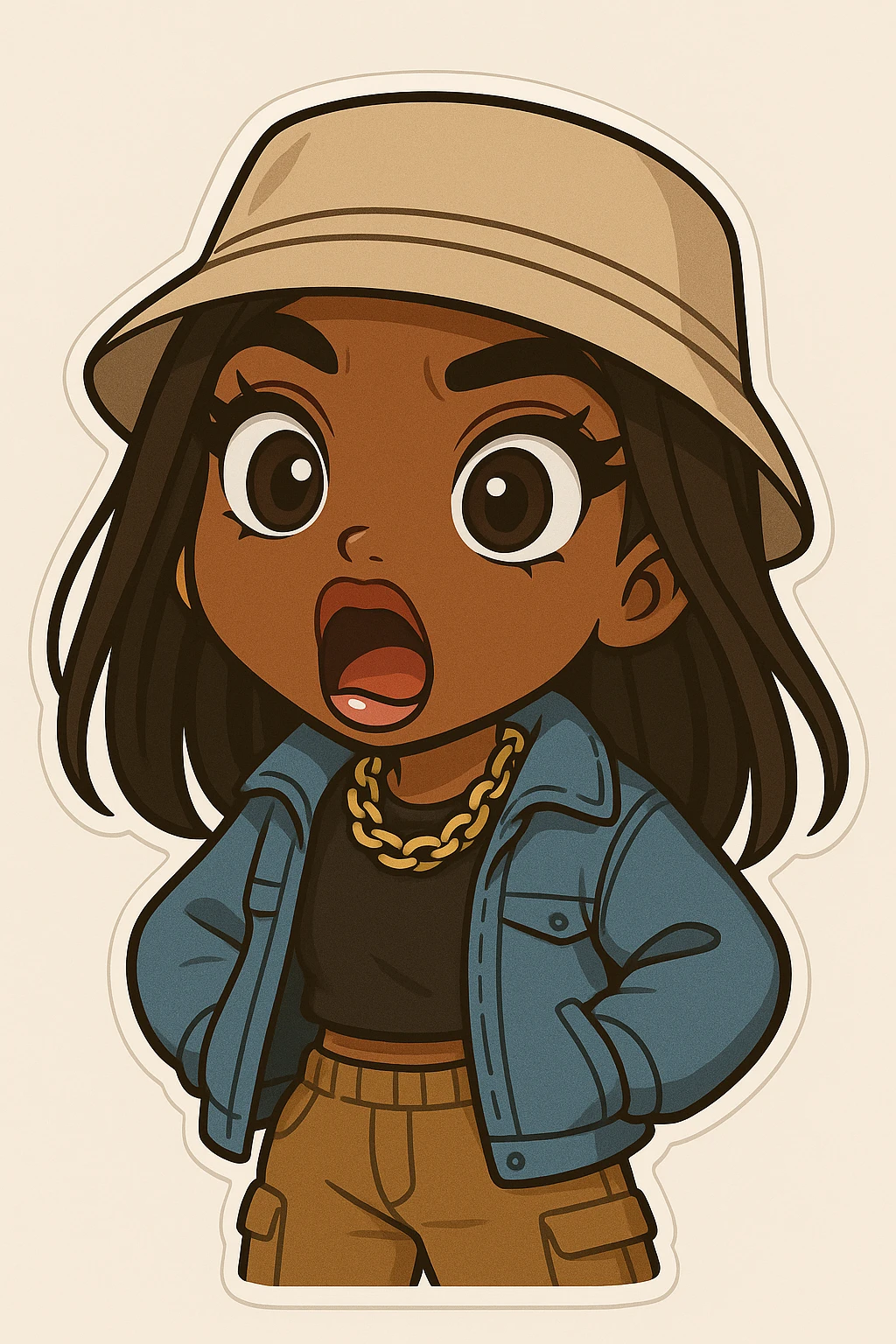 Change her expression to shocked, keep her as a 20-year-old anime Bratz style woman with dark skin, dark hair, trendy streetwear, big expressive eyes, and glossy lips. emoji
