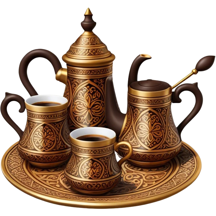 Turkish Coffee Set – Cinematic Realistic Turkish Coffee Set, depicted as an elegantly arranged ensemble of ornate coffee cups and a traditional cezve pot, adorned with intricate patterns and rich, warm colors, rendered with detailed textures and soft ambient lighting that captures its cultural heritage. emoji
