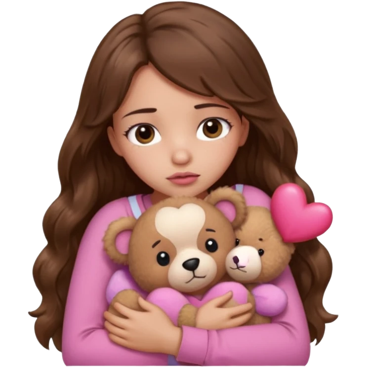 girl with long wavy brown hair, brown eyes, light to medium complexion, in a pink shirt, pink lips, long lashes, sad, hugging squeezing  a teddy bear with hearts emoji