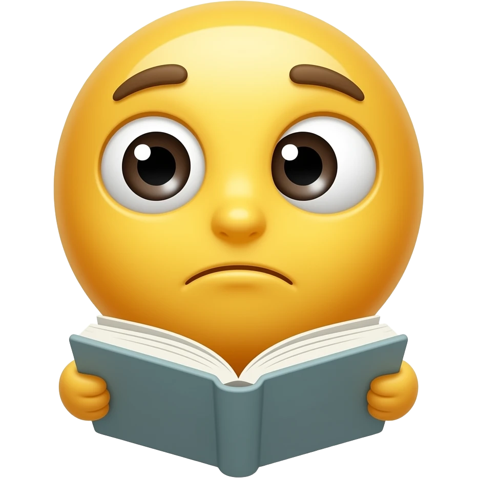 고민을 하는 이모지 왼쪽으로 기우뚱 오른쪽으로 기우뚱하면서 손에는 책을 들고 있는 이미지, 남성의 형태가 아니라 노란색 기본 이모지의 형태 emoji