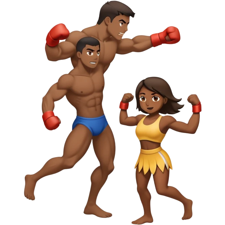 Tan girl beating up a dark guy, full body, girl winning  emoji