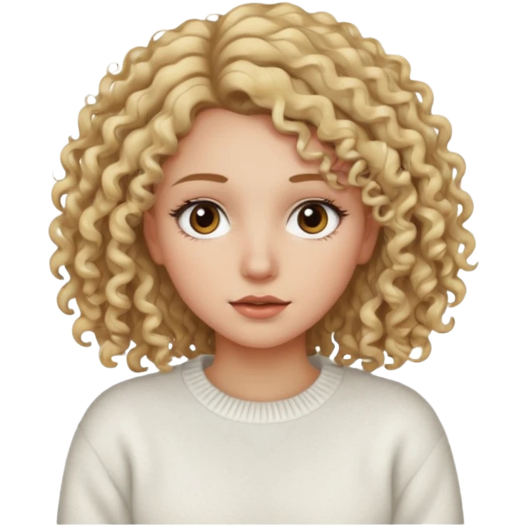 a dirty blonde girl with brown eyes and make her wearing a white sweater with curly hair and white skin color long har and big lashes emoji