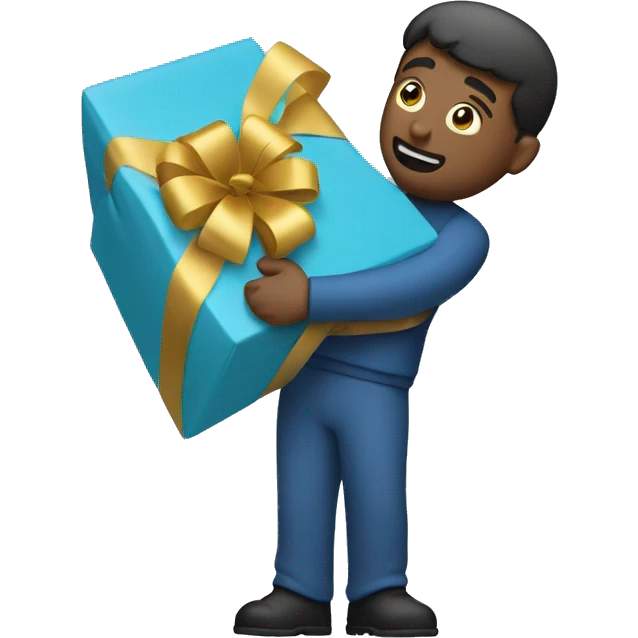 A nice man hugging a gift that is large and blue. emoji