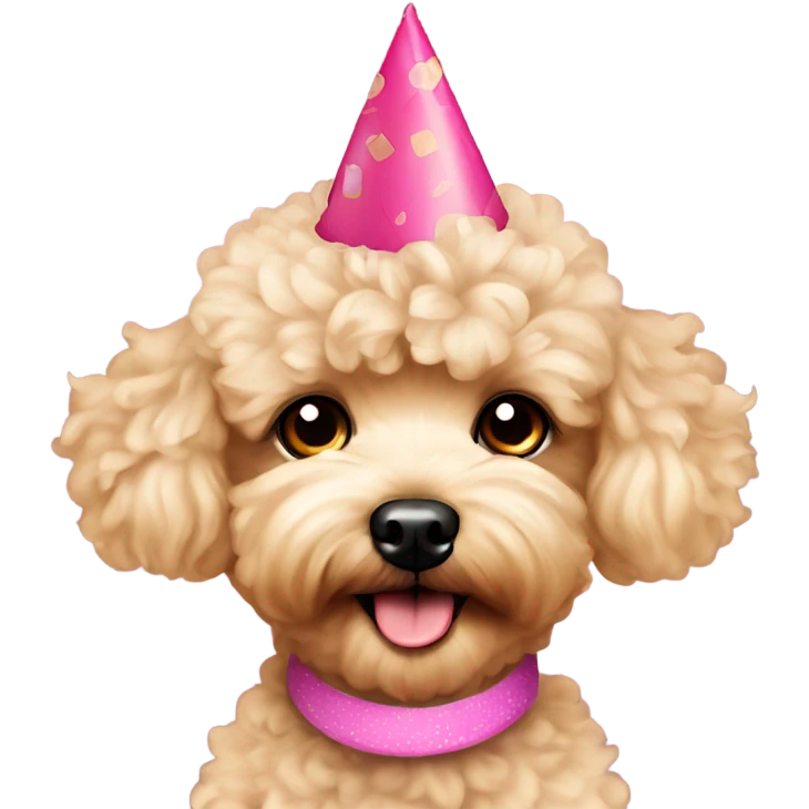 Blonde toypoodle maltipoo with birthdayhat emoji