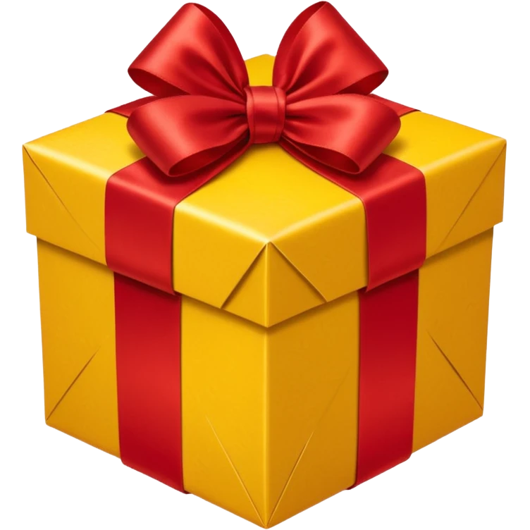 box with yellow wrapping paper and a length of red ribbon surrounding it emoji